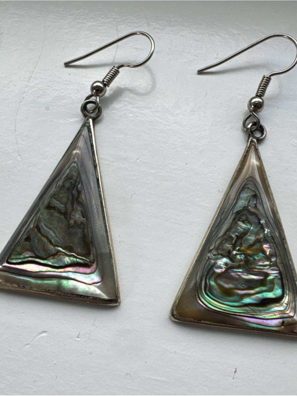 Vintage Alpaca Mexico Silver Earrings Abalone Shell Triangle Dangle Drop Modern